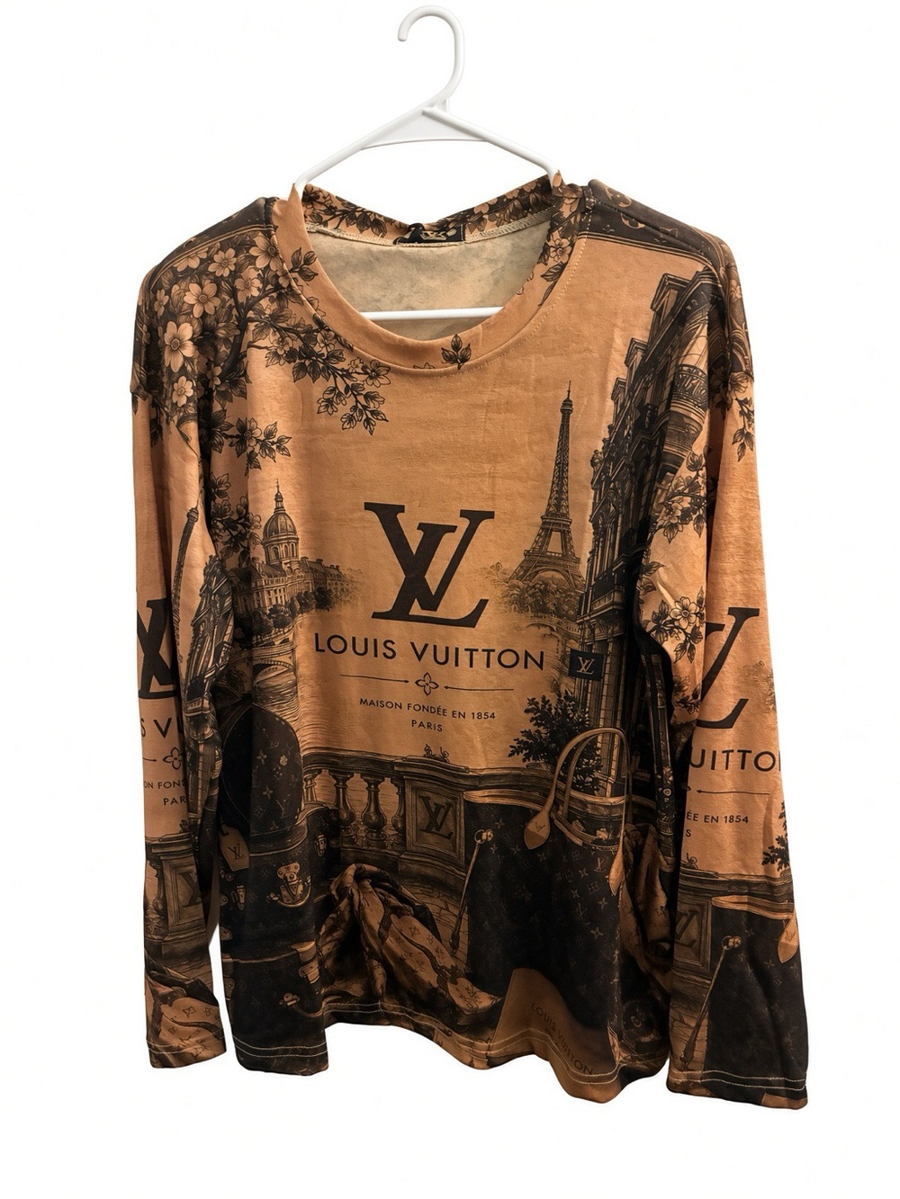 New FASHION Brown Logo & Paris Scene Long Sleeve Top